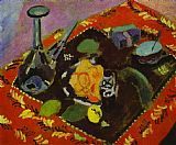 Dishes and Fruit on a Red and Black Carpet by Henri Matisse